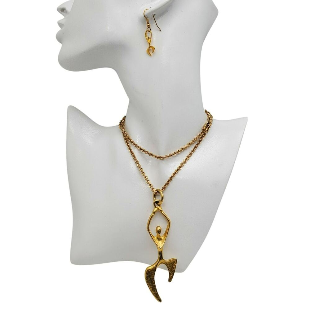 Modernist Dancer Pendant Necklace & Drop Earrings Hammered Gold Tone Figural Set